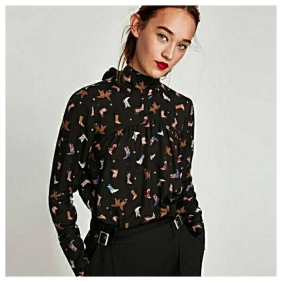 ZARA TRAFALUC Western Cowboy Boot Print Mock Tie Neck Oversized Blouse NWT sz XS - Picture 15 of 15